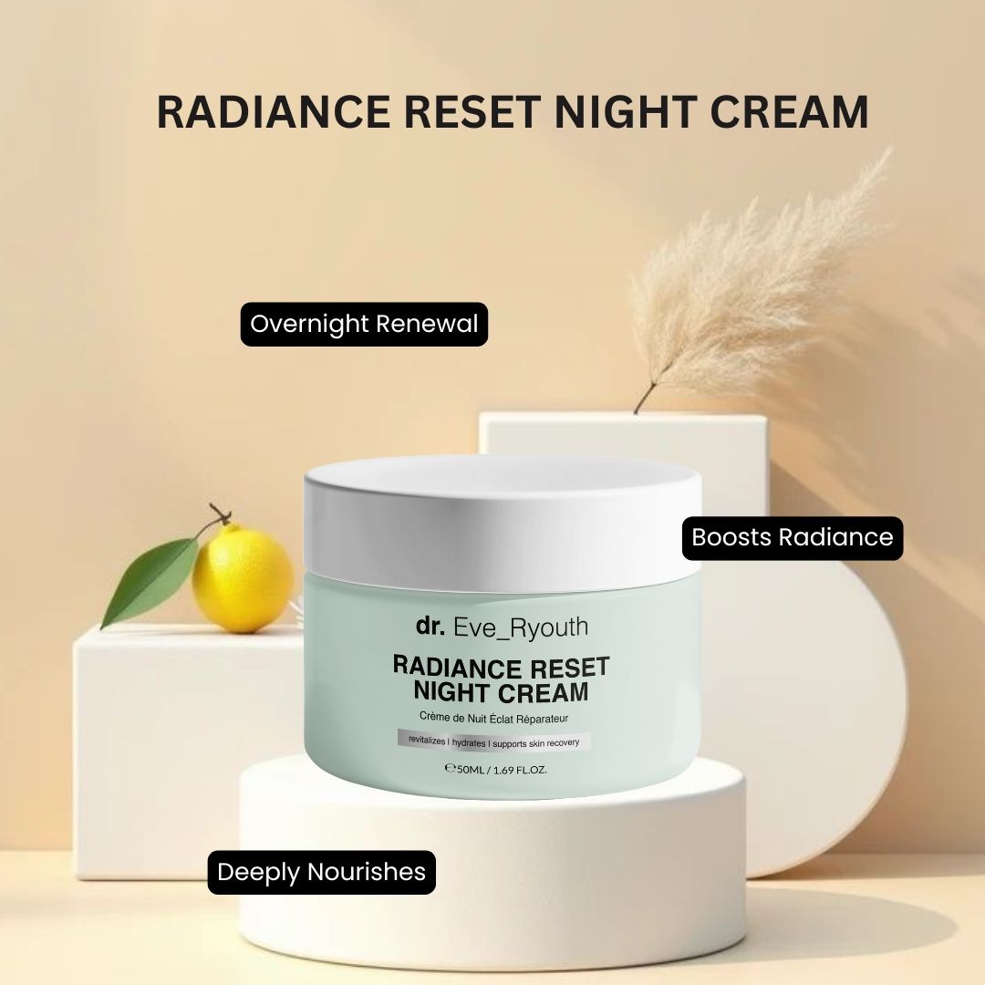 Vaso di crema su piedistallo. Scritta: Dr. Eve_Ryouth Radiance Reset Night Cream. Testo in inglese. Elementi: limone, pianta.
