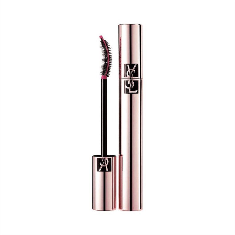 Tubo mascara e spazzola. Contenitore rosa dorato con logo YSL. Spazzola nera con setole rosa.