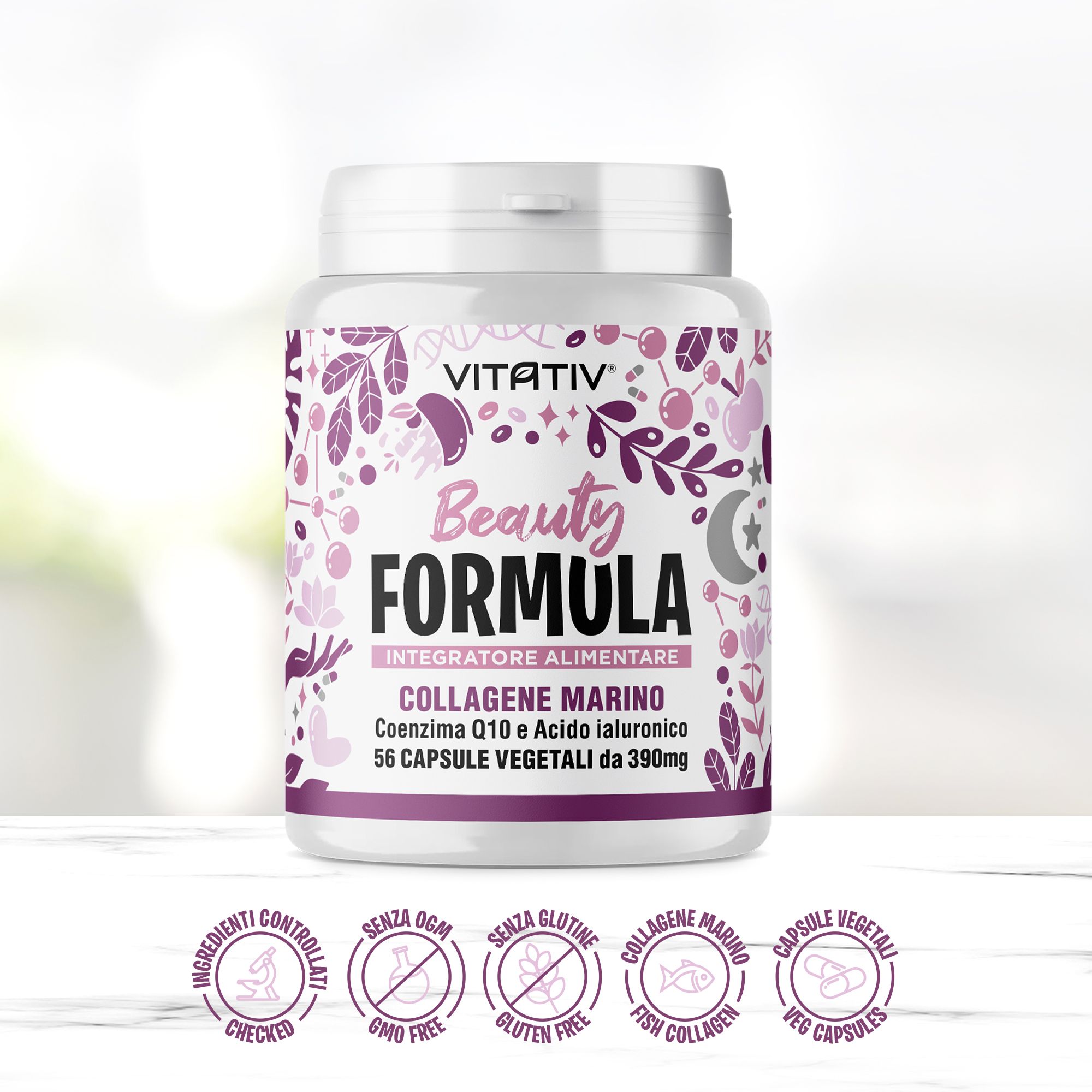 Flacone bianco, etichetta viola. Testo: Beauty Formula, Collagene Marino, 56 capsule. Marchio: Vitativ. Simboli.