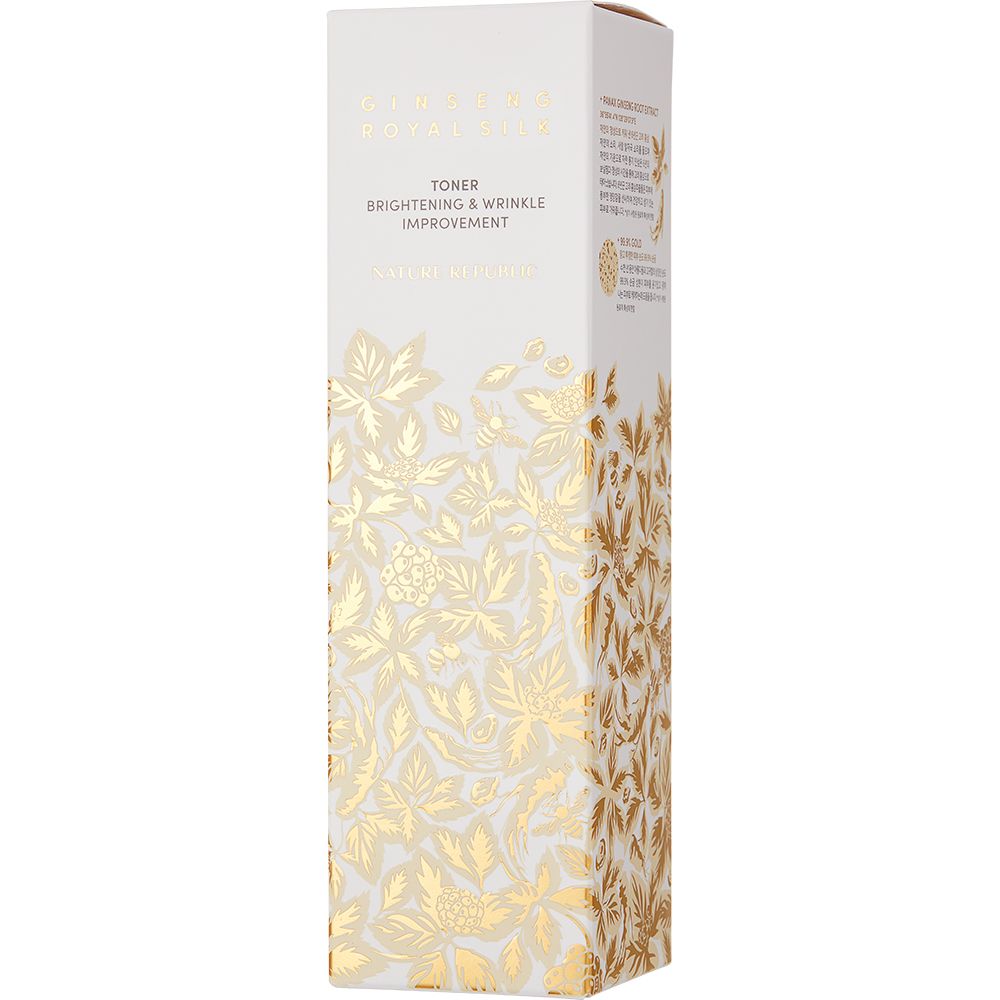 Confezione rettangolare alta con motivi floreali dorati. Testo: Ginseng Royal Silk Toner, Brightening & Wrinkle Improvement.