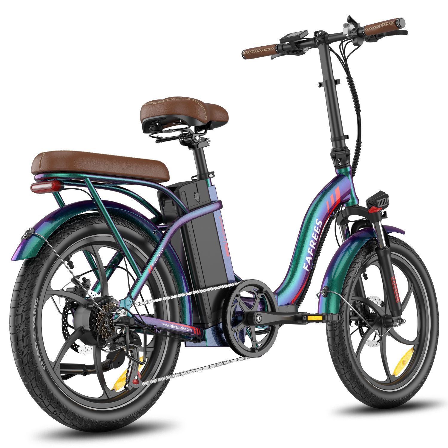 E-bike pieghevole blu-verde, sella e portapacchi marroni. Pneumatici, cerchi e batteria neri. Marchio FAFREES.
