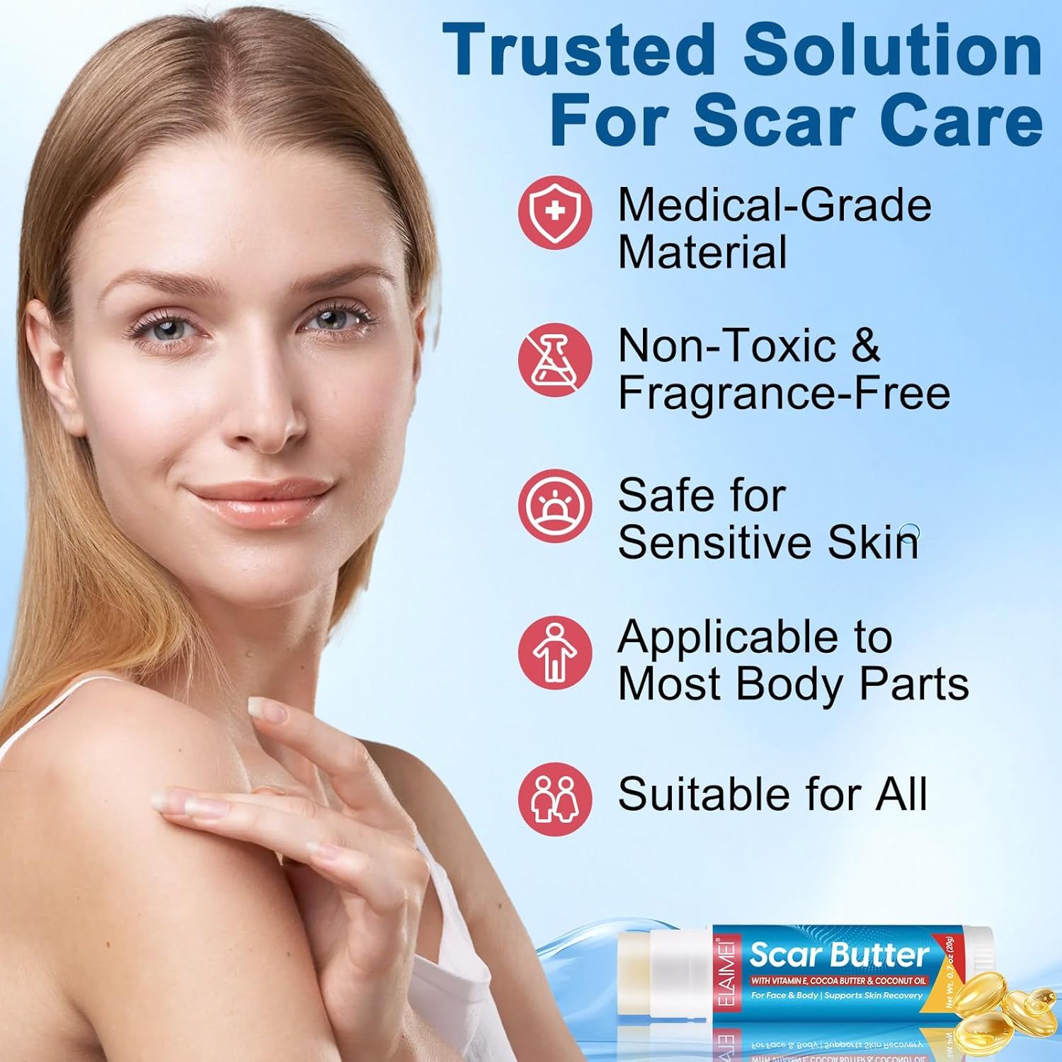 Stick "Scar Butter". Materiale medico, non tossico, senza profumo, sicuro per pelli sensibili.