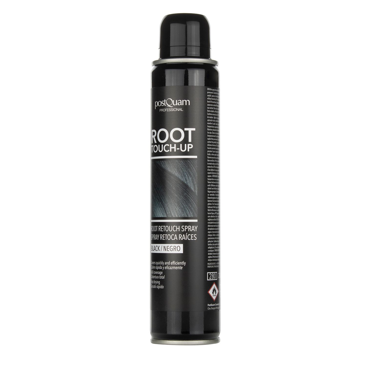 Spray ritocco radici nero. Contenitore cilindrico nero con tappo nero. Nome del prodotto e testo sull'etichetta.