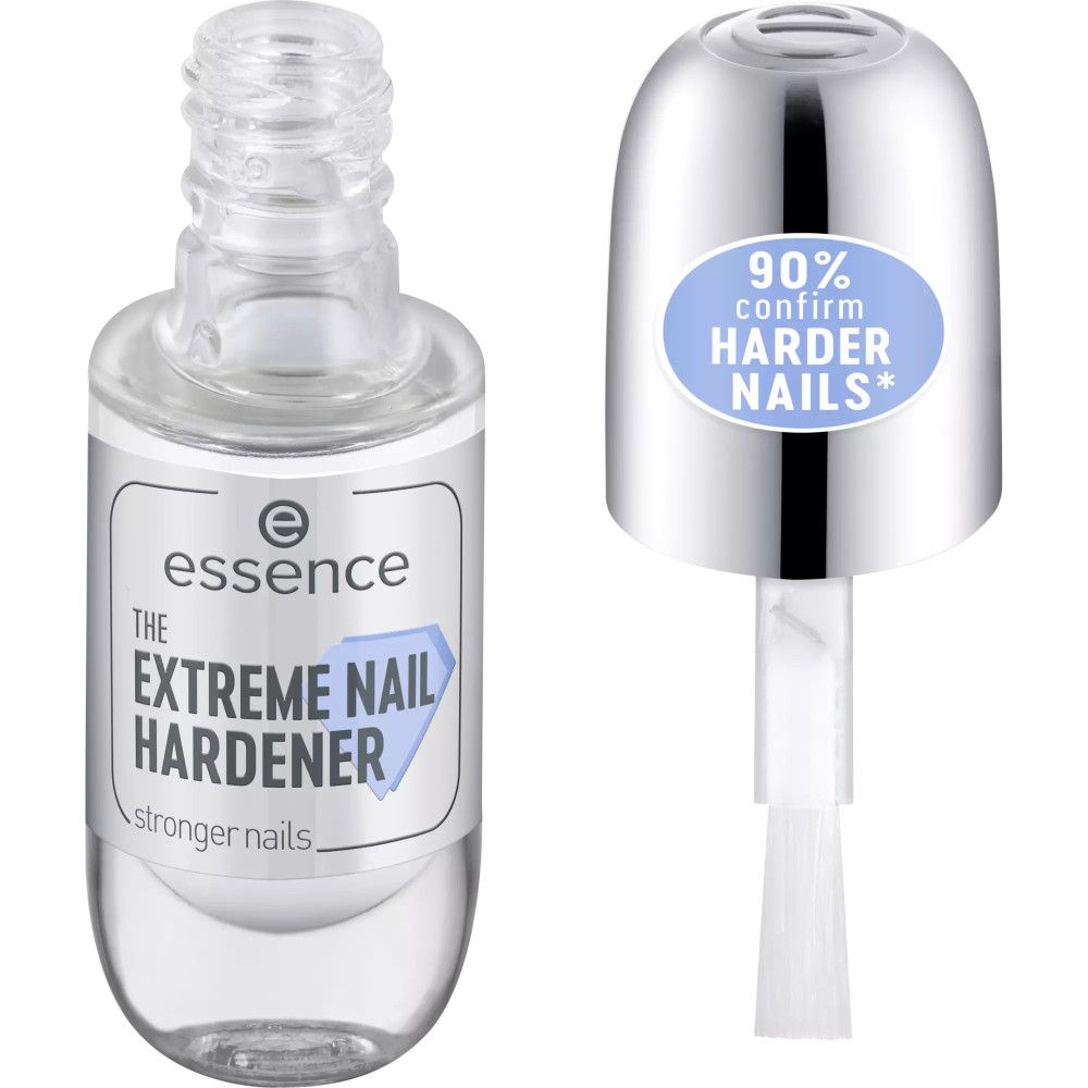 Flacone di indurente per unghie e tappo con pennello. Etichetta con testo: "THE EXTREME NAIL HARDENER". Scritta blu: "90% confirm HARDER NAILS*".