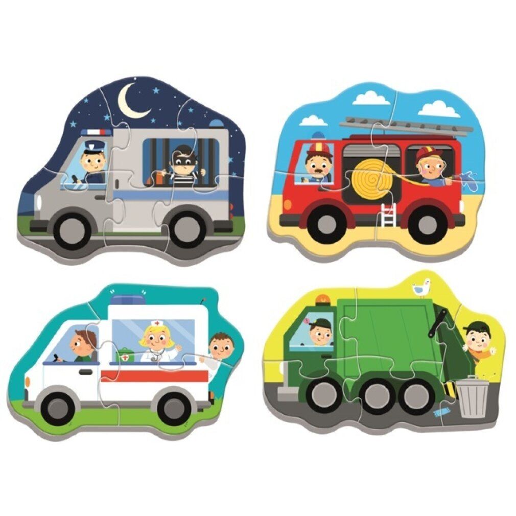 Puzzle con auto della polizia. Il puzzle mostra un poliziotto e un prigioniero. Il puzzle è composto da più pezzi.