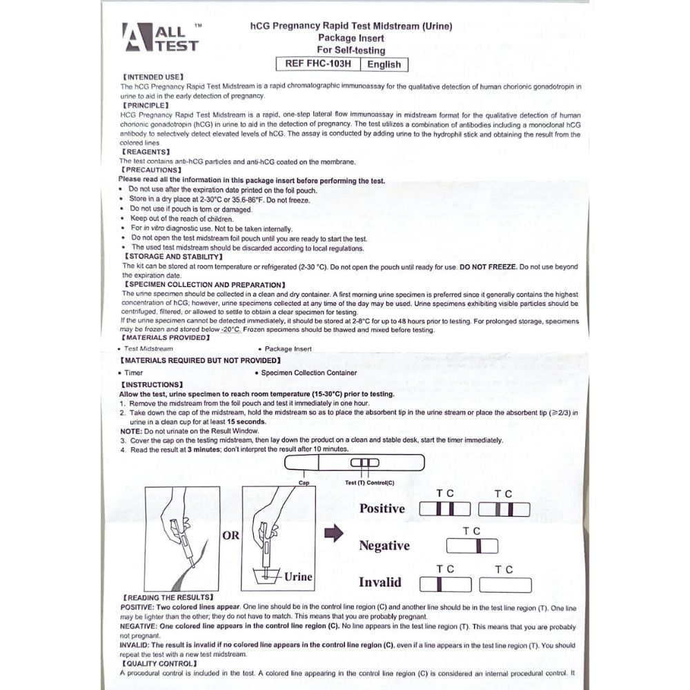 Foglietto illustrativo con istruzioni e informazioni sul test hCG. Illustrazioni. Testo in inglese.