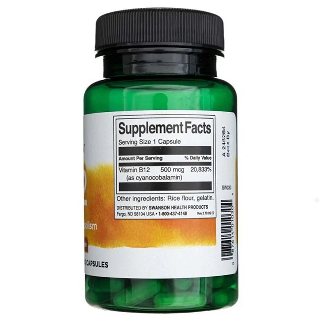 Flacone verde con tappo nero. Retro con informazioni nutrizionali e ingredienti. Contiene vitamina B12.