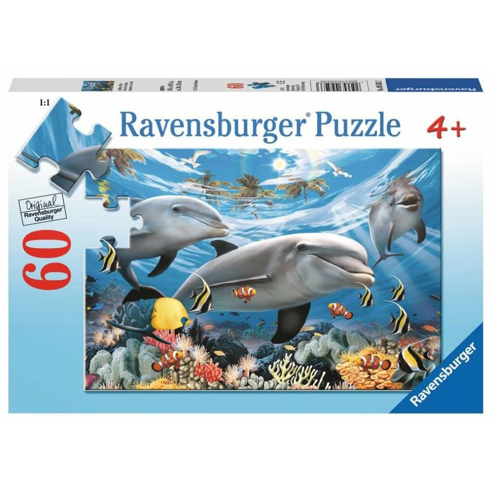 Puzzle Ravensburger con delfini in mare. 60 pezzi, dai 4 anni in su. Confezione con motivo delfino.