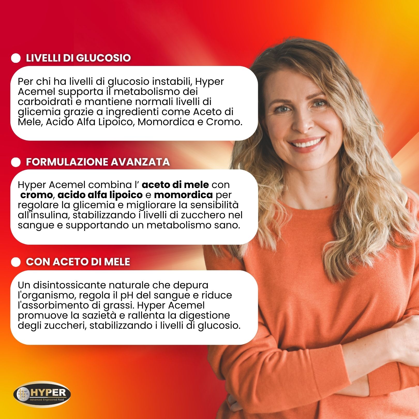 Donna sorridente. Testo: Hyper Acemel supporta il metabolismo del glucosio. Contiene aceto di mele, acido alfa-lipoico, momordica e cromo. Logo HYPER.