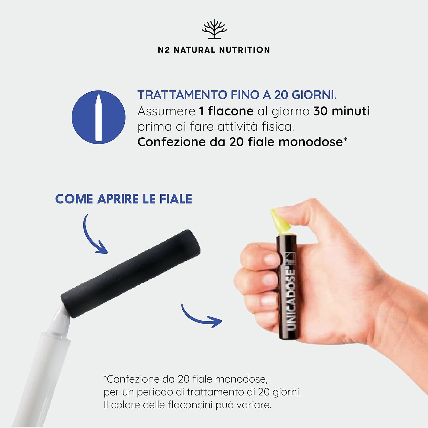Mano che apre una fiala. Testo: Trattamento fino a 20 giorni. 1 fiala al giorno. Confezione da 20 dosi singole. Come aprire le fiale.
