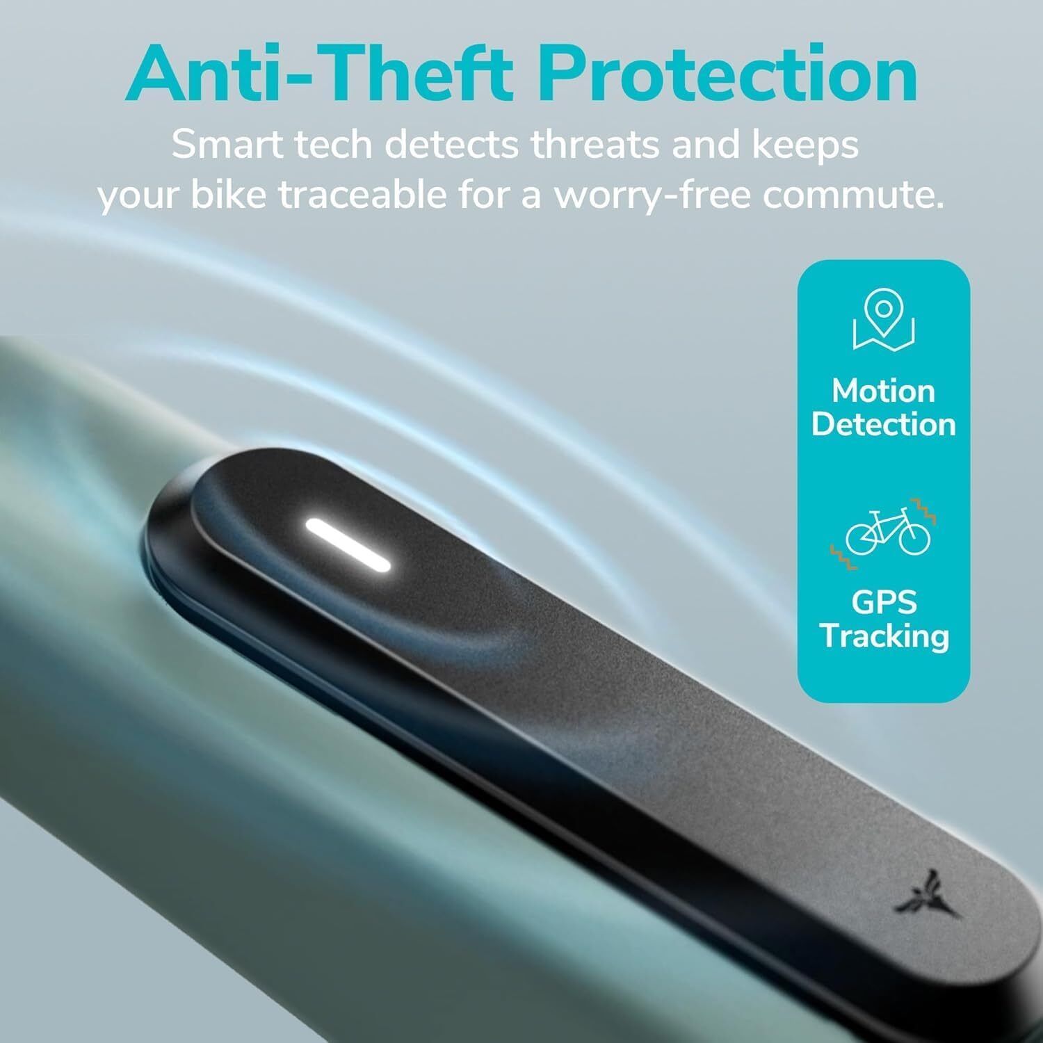 Primo piano di una parte nera della e-bike con testo: Anti-Theft Protection. Icone di rilevamento del movimento e tracciamento GPS.