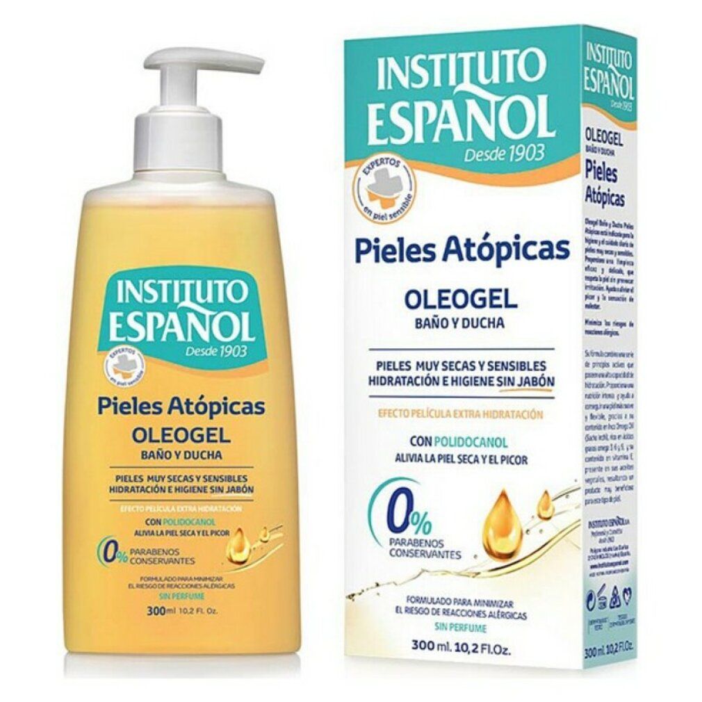 Instituto Español Pelle Atopica Oleogel, flacone e confezione. Liquido giallo, dispenser bianco. Testo: Pieles Atópicas, 0% parabeni.