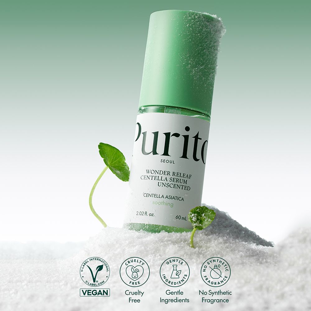 Flacone di siero con tappo verde. Marchio: Purito. Contiene sigilli Vegan e Cruelty-Free. Nome del prodotto: Centella Asiatica.