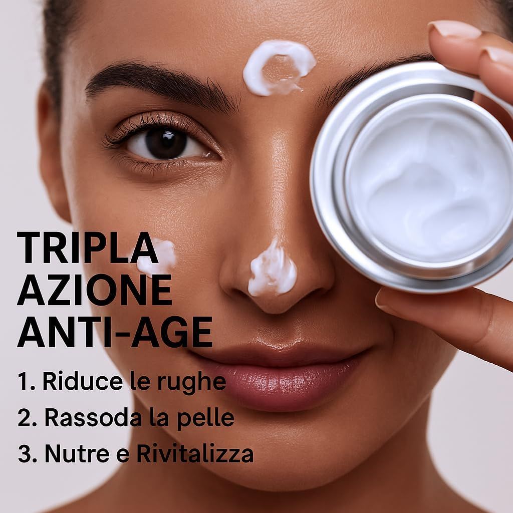 Donna applica crema. Testo: Tripla Azione Anti-Age. 1. Riduce le rughe. 2. Rassoda la pelle. 3. Nutre e Rivitalizza.