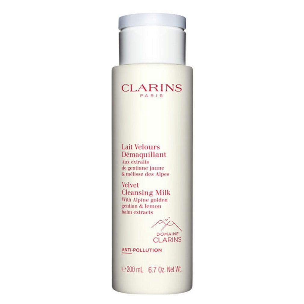 Flacone bianco con tappo a ribalta. Scritta: Clarins Paris, Lait Velours Démaquillant, Velvet Cleansing Milk. 200 ml.
