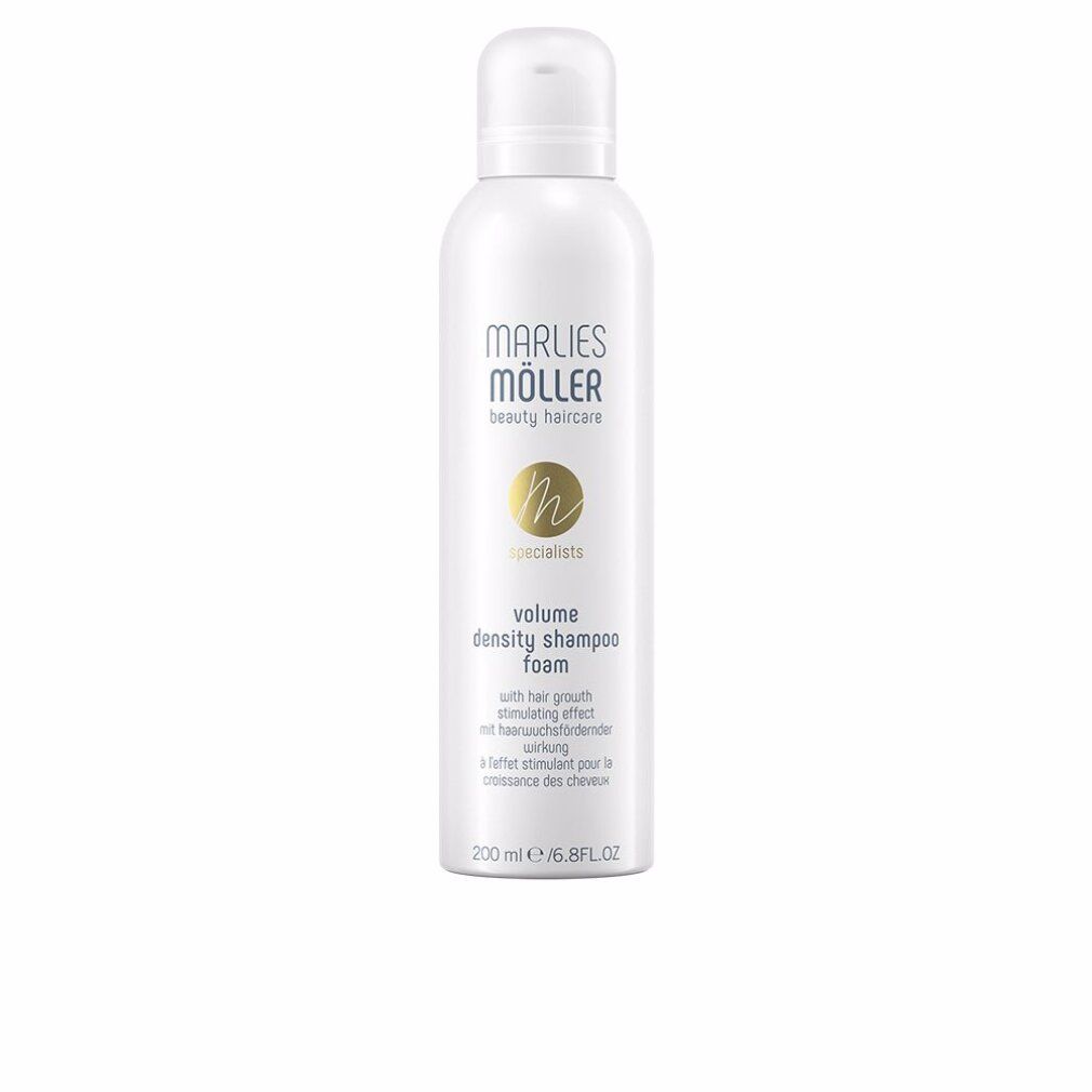 Flacone bianco con erogatore spray. Scritta: Marlies Müller, Volume Density Shampoo Foam. 200 ml.