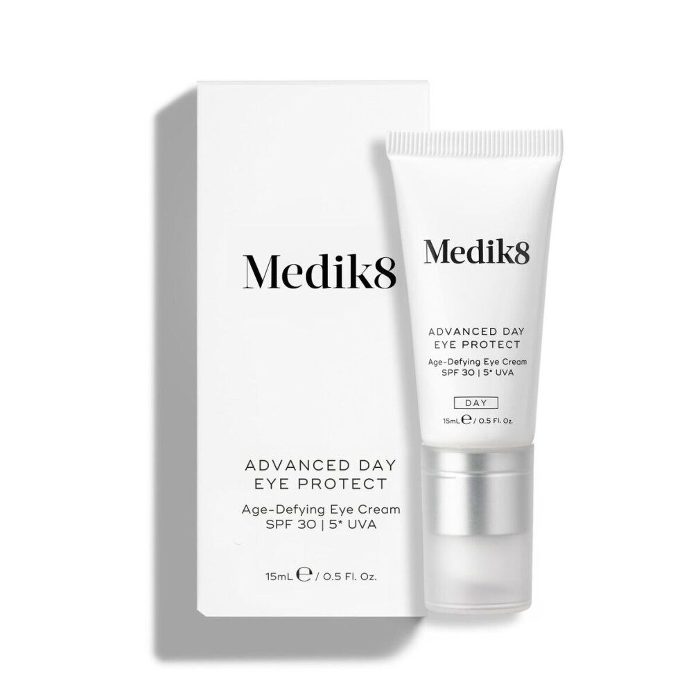 Medik8 Advanced Day Eye Protect, tubo e scatola bianchi. Crema contorno occhi anti-età SPF 30 | 5* UVA. 15ml.