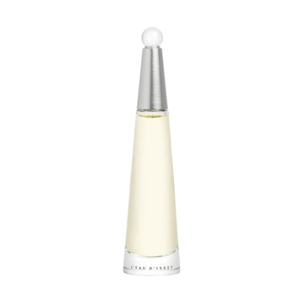 Flacone di profumo con tappo argentato e vetro trasparente. Scritta: L'Eau d'Issey Eau de Parfum.