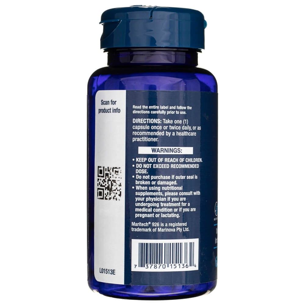 Retro del contenitore blu Life Extension Optimized Fucoidan. Include istruzioni, avvertenze e codice a barre.