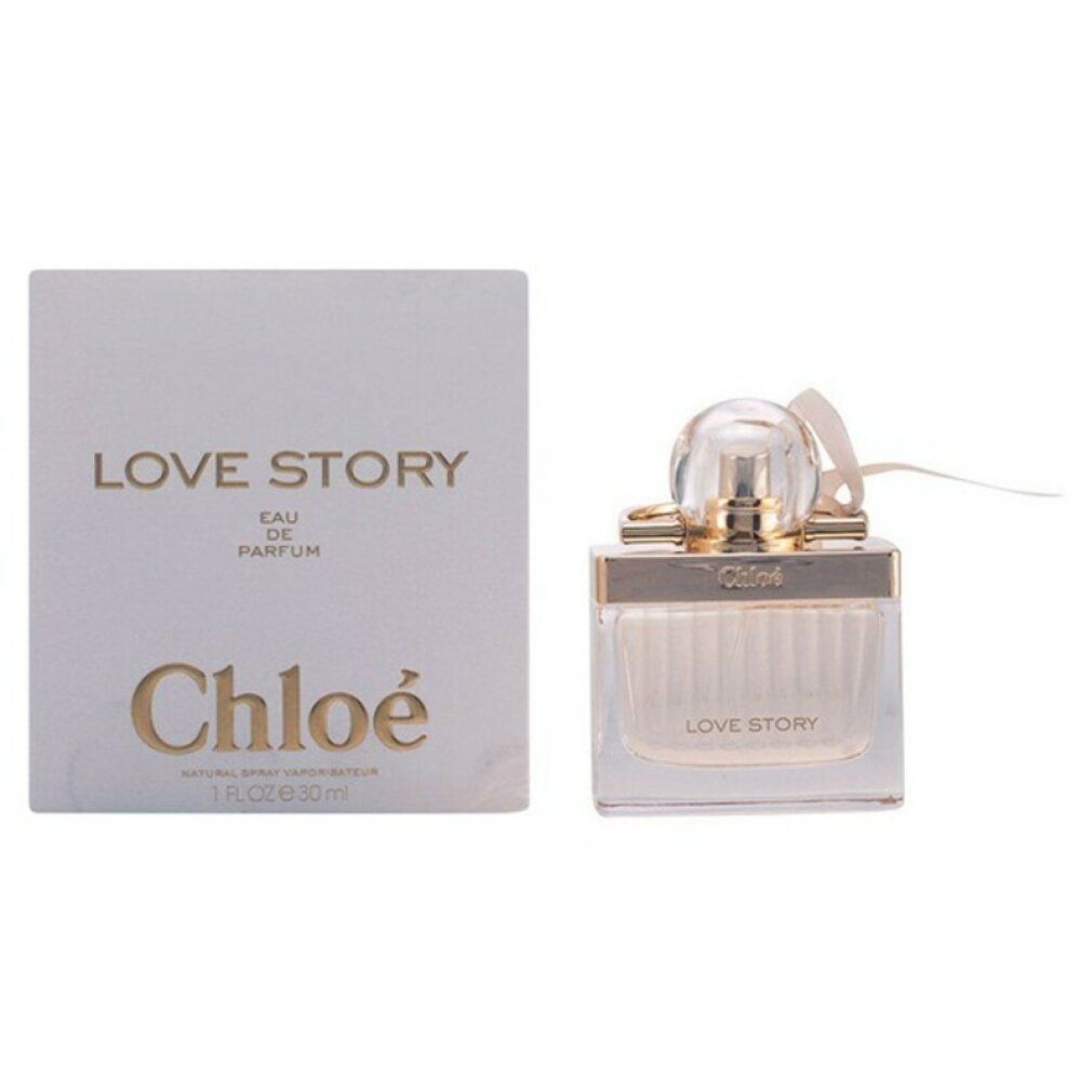 Flacone di profumo e confezione. Scritta: Chloé Love Story, Eau de Parfum, 30 ml.