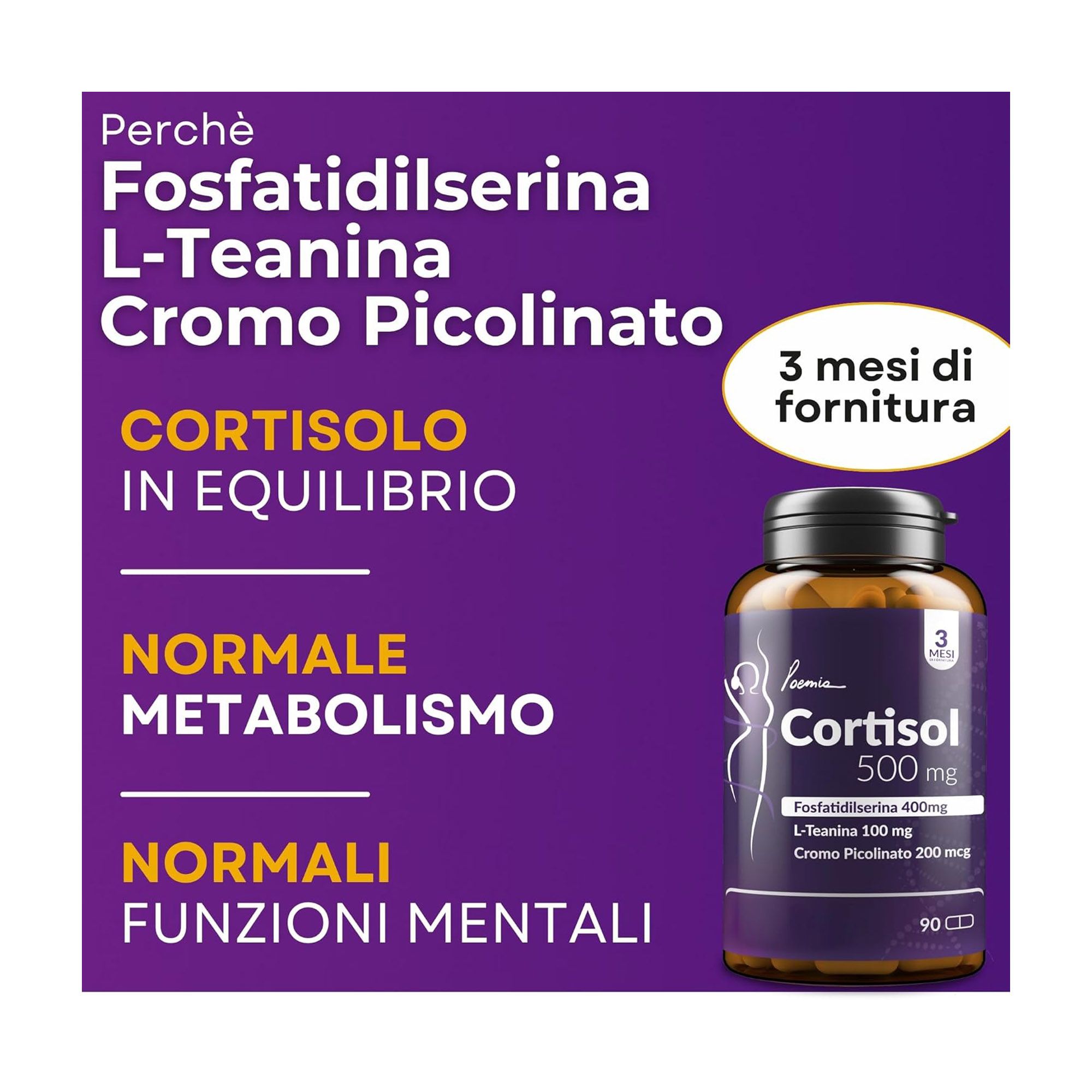 Flacone Poemia Cortisol 500mg, 3 mesi di fornitura, con testi su equilibrio cortisolo e metabolismo.