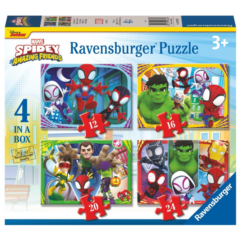 Puzzle 4 in 1. Puzzle Ravensburger con Spidey e amici. 4 puzzle da 12, 16, 20 e 24 pezzi. Età consigliata: 3+