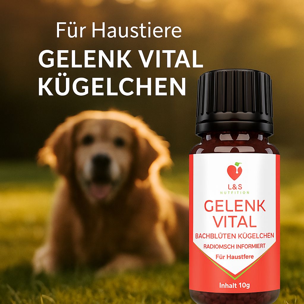 Flacone Gelenk Vital accanto a un Golden Retriever sfocato all'esterno. Testo su animali domestici e prodotto.