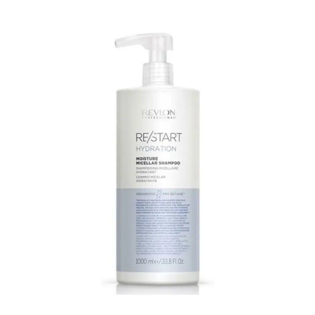 Flacone di shampoo bianco con pompa ed etichetta blu. Scritta: Revlon Re-Start Hydration, Moisture Micellar Shampoo. 1000 ml.