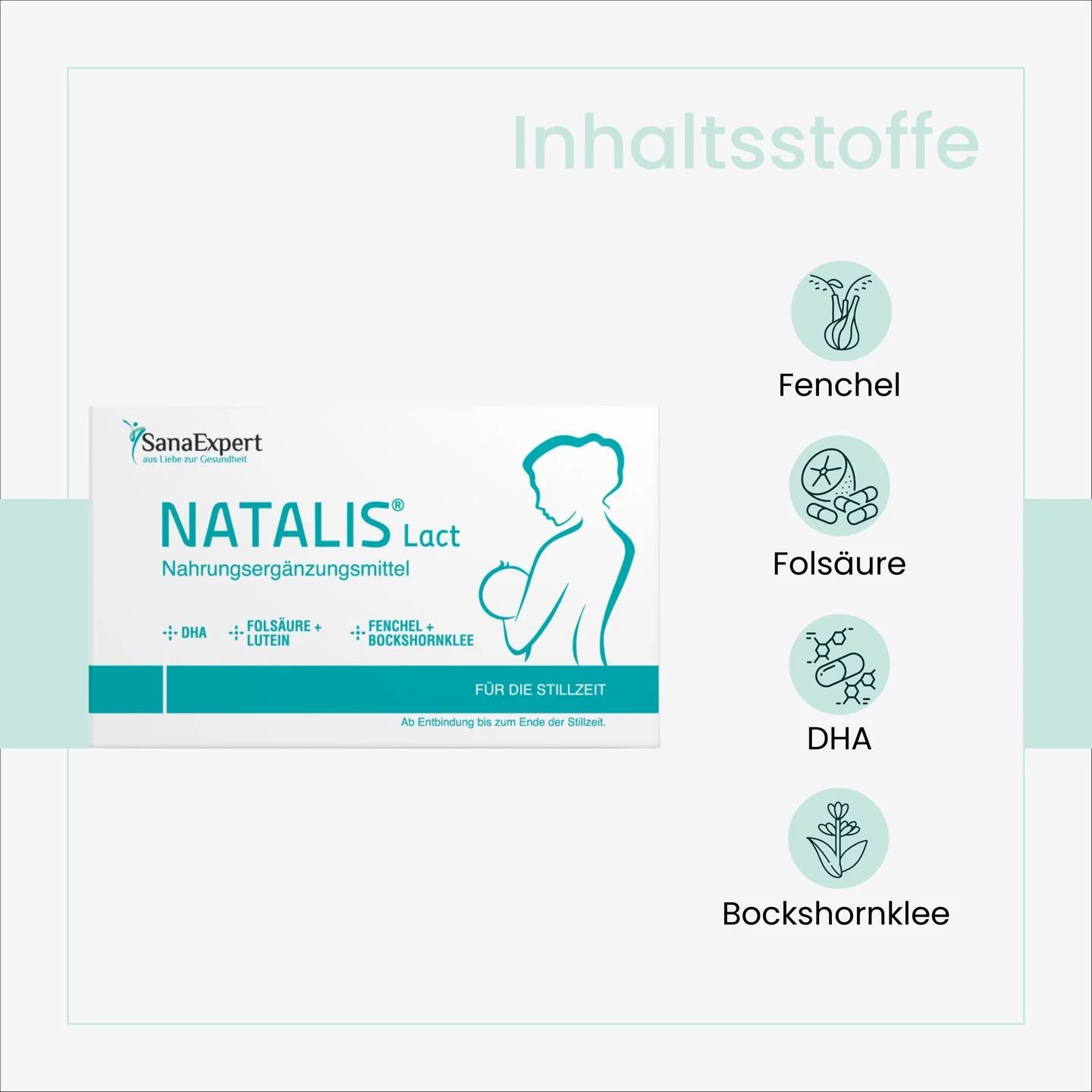 Confezione SanaExpert Natalis Lact con illustrazione degli ingredienti come finocchio e acido folico.