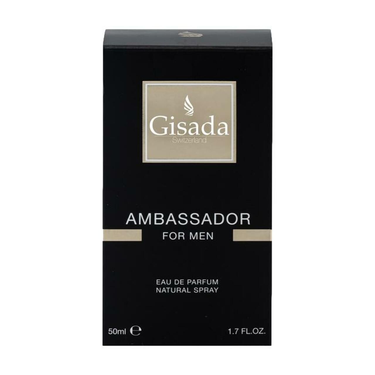 Scatola nera con logo e testo dorati. Testo: Gisada, Ambassador for Men, Eau de Parfum Natural Spray. In basso: 50ml, 1.7 FL.OZ.