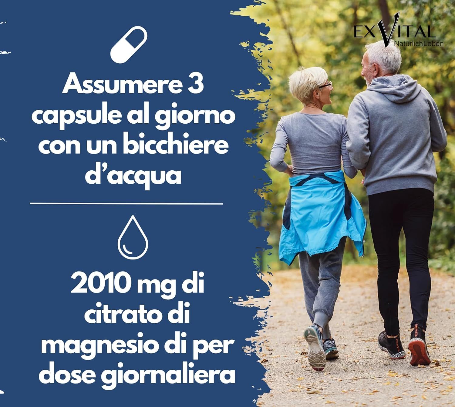 Due persone fanno jogging nel bosco. Testo: Assumere 3 capsule al giorno con un bicchiere d'acqua. 2010 mg di citrato di magnesio.