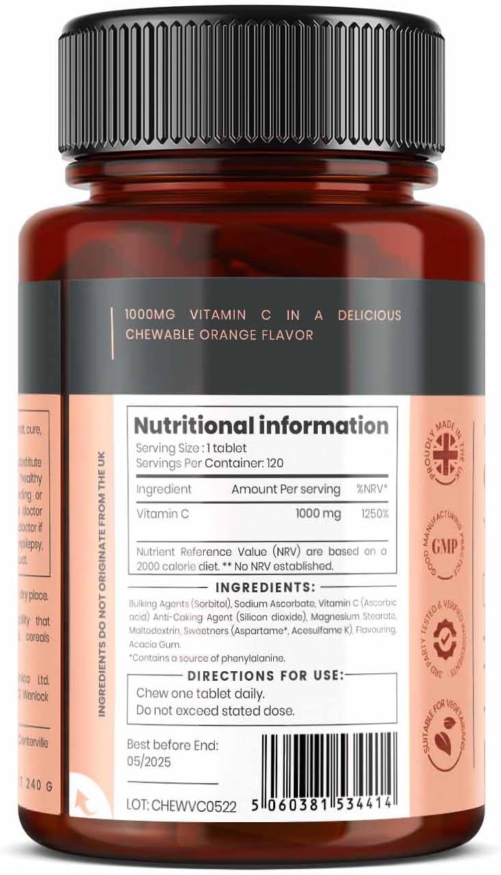 Flacone marrone di compresse di vitamina C Pureclinica. Retro con informazioni nutrizionali, elenco ingredienti e istruzioni per l'uso.