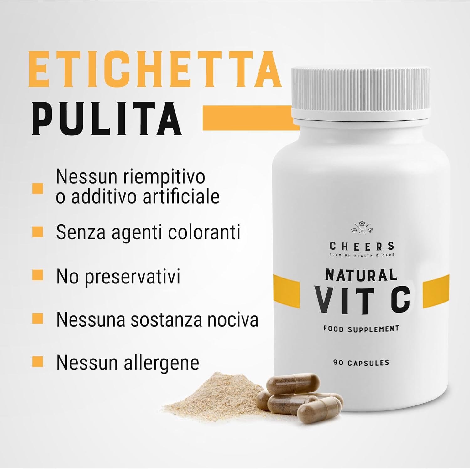 Flacone CHEERS Natural Vit C, capsule e polvere. Testo: Nessun riempitivo artificiale, coloranti, conservanti, sostanze nocive, allergeni.