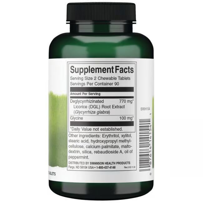 Retro del flacone verde. Etichetta bianca con informazioni nutrizionali. Contiene: Estratto di radice di liquirizia deglicirrizinata, glicina. 90 porzioni.