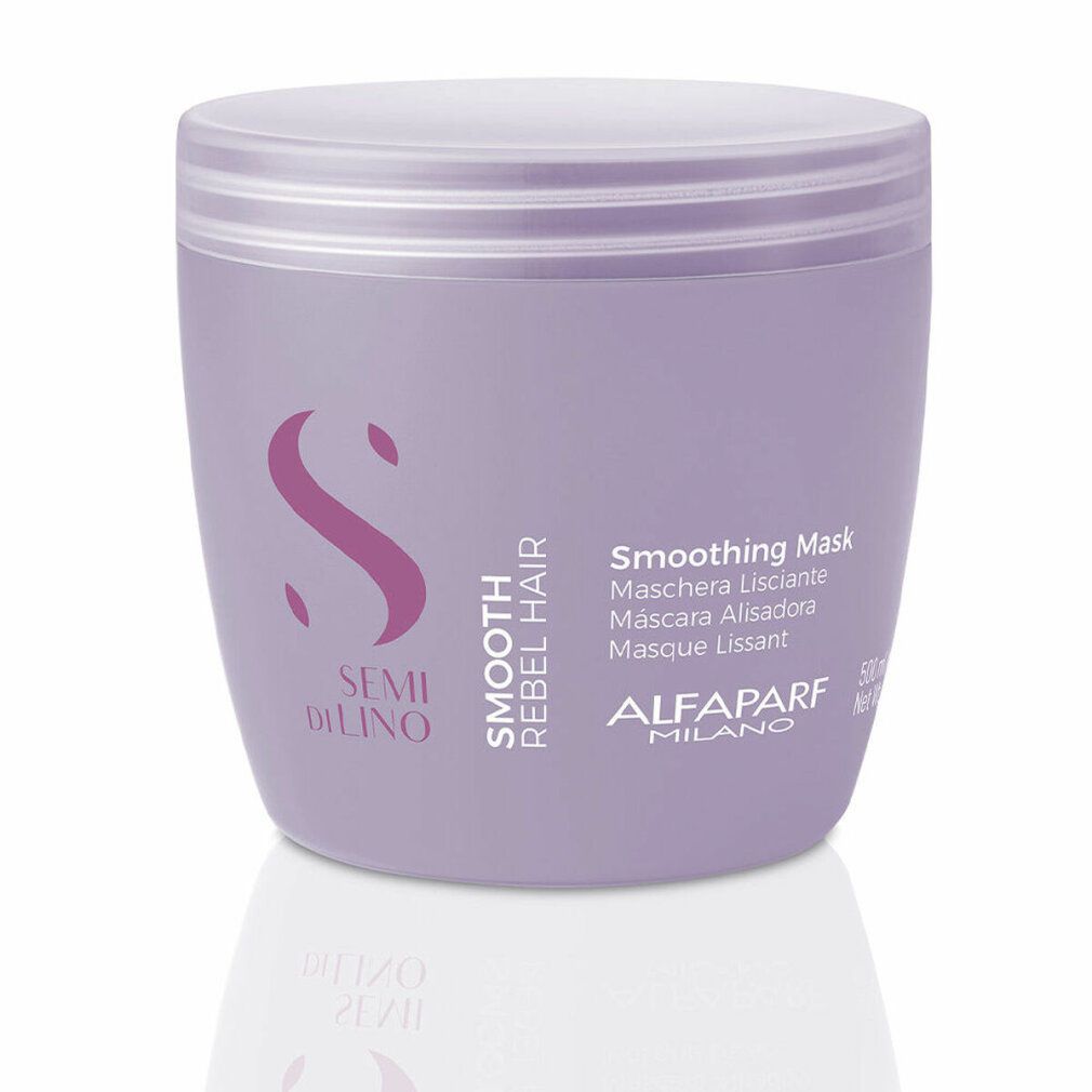 Vaso lilla con coperchio. Scritta: Semi Di Lino, Smooth Rebel Hair, Smoothing Mask, Alfaparf Milano.