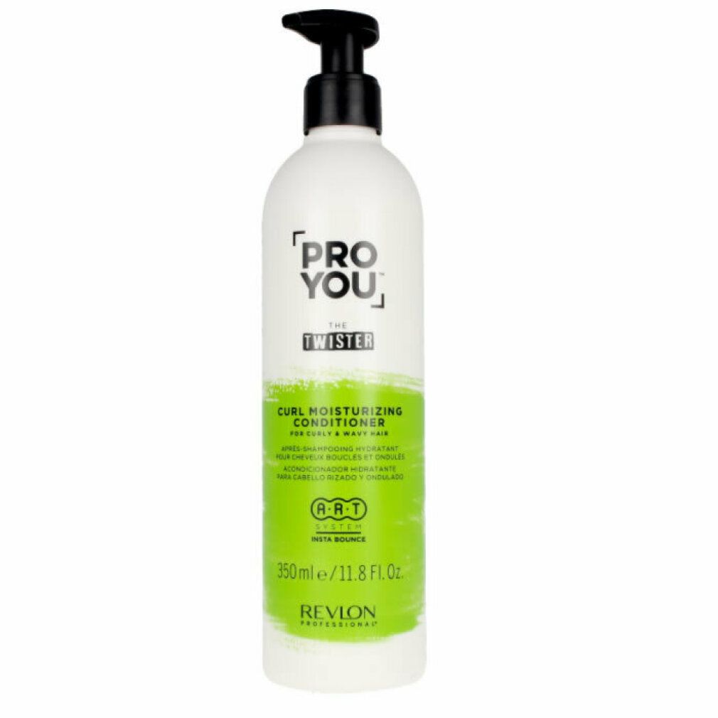 Flacone bianco con erogatore nero. Etichetta verde e bianca con testo: Pro You The Twister Conditioner, Revlon.