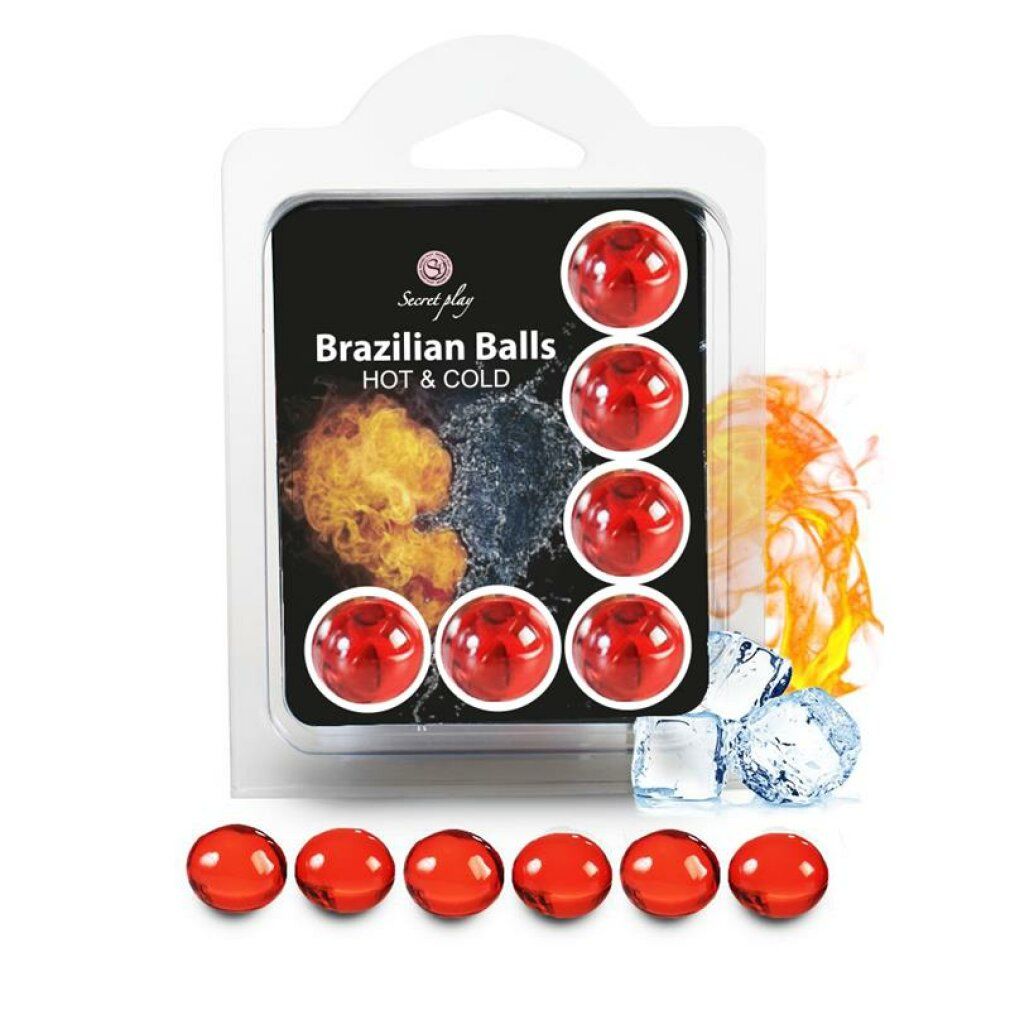 Sei sfere rosse in confezione. Scritta: Brazilian Balls HOT & COLD. Immagine di fuoco e ghiaccio.