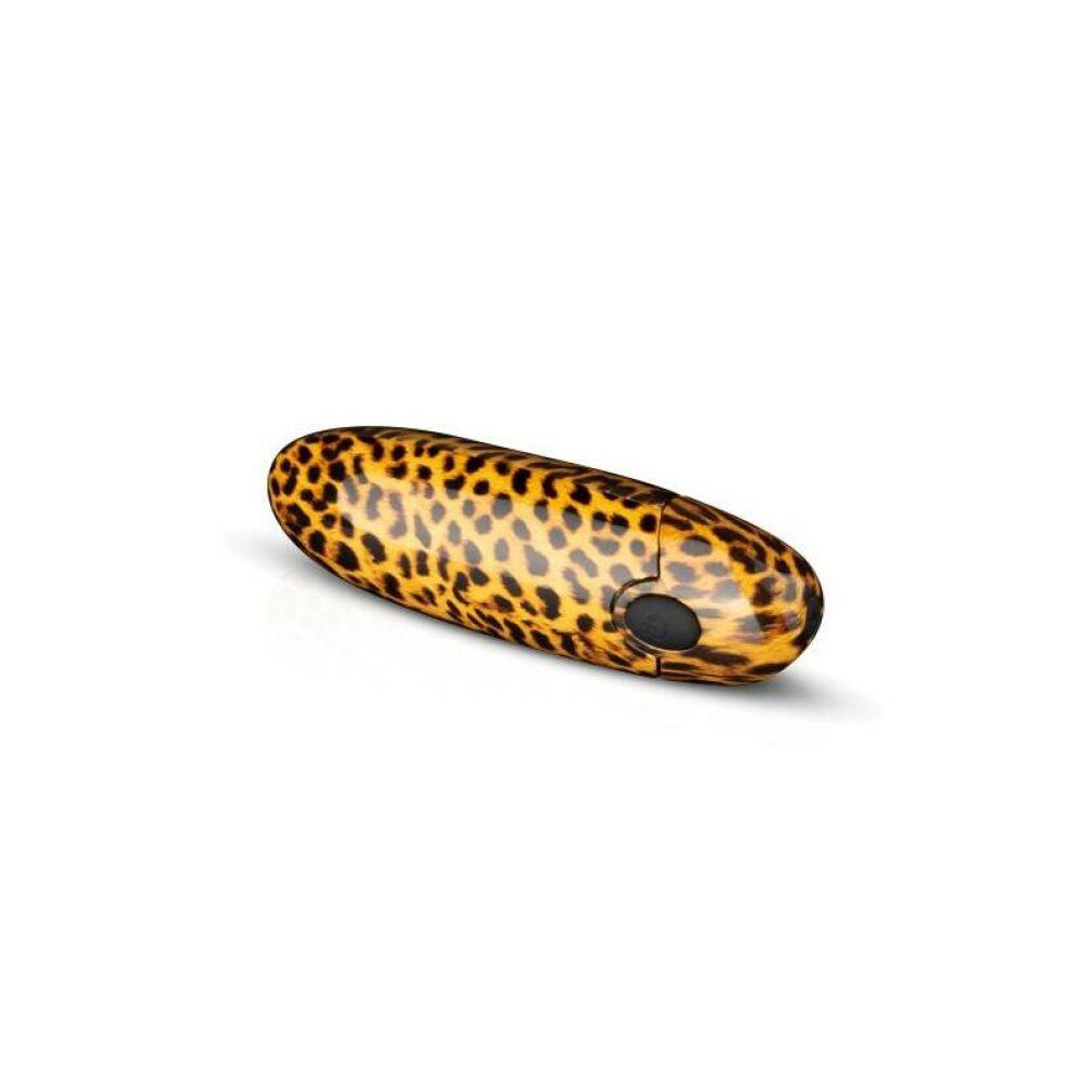 Vibratore con fantasia leopardata. Forma ovale. Pulsante nero. Su sfondo bianco.