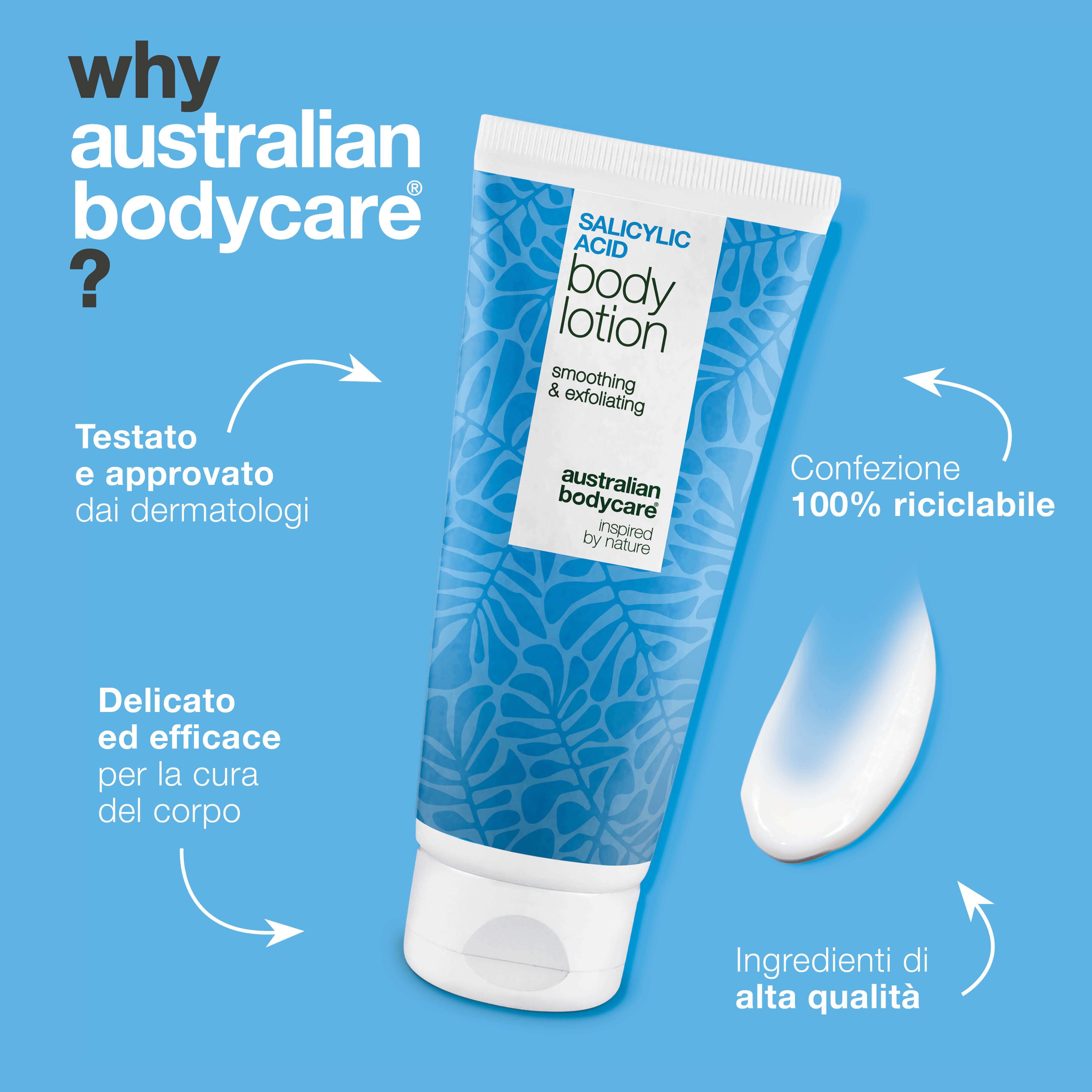 Tubo "Salicylic Acid Body Lotion" e crema. Testo: testato, 100% riciclabile, ingredienti di alta qualità.
