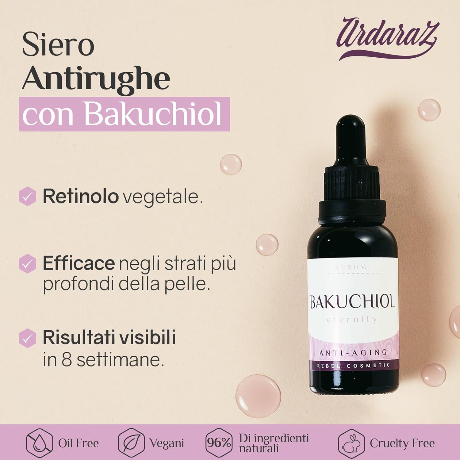 Flacone di siero al bakuchiol. Flacone nero con contagocce. Testo: Anti-età, vegano, senza olio. Logo e nome del prodotto.