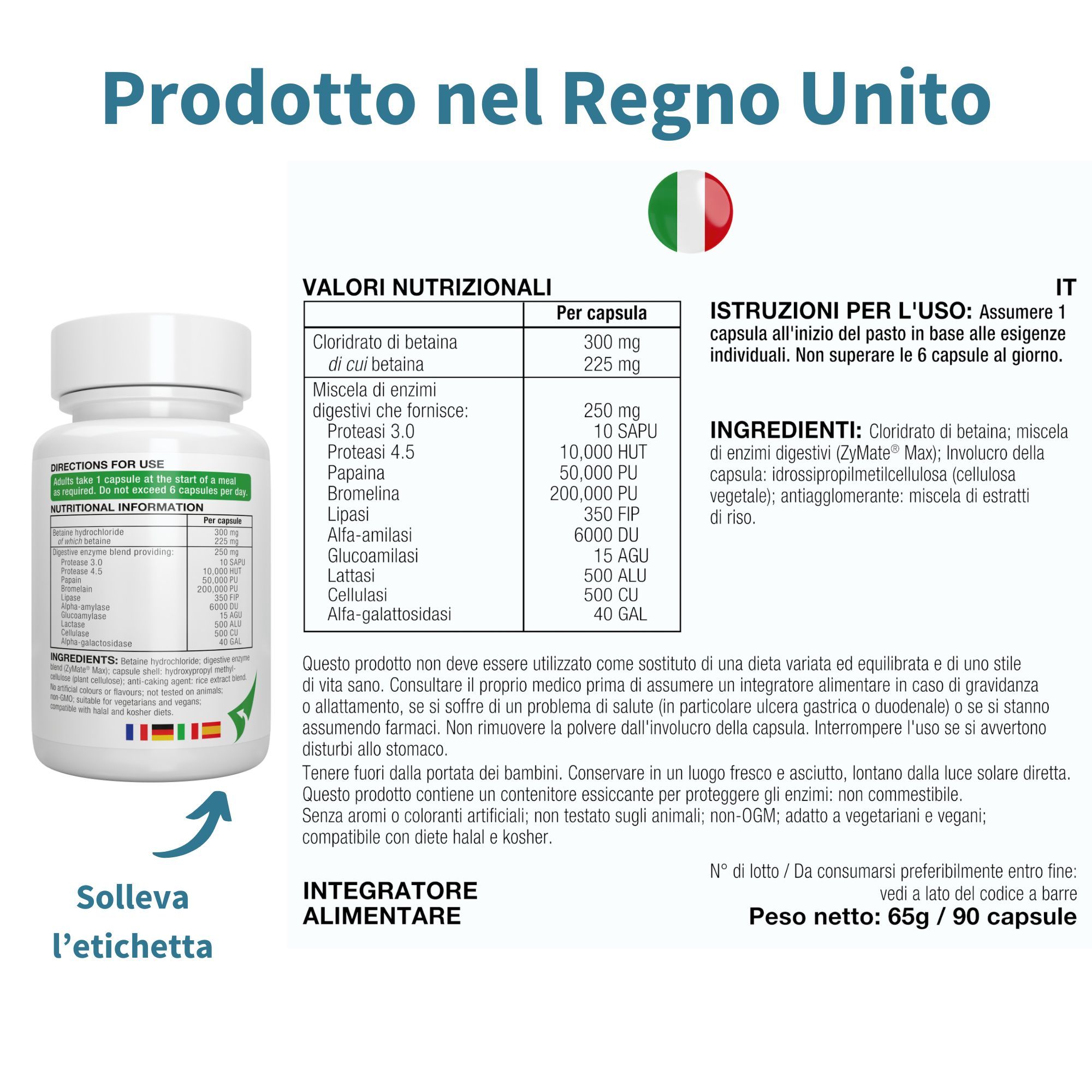 Retro della bottiglia Igennus Digestive Enzymes con informazioni nutrizionali e ingredienti.