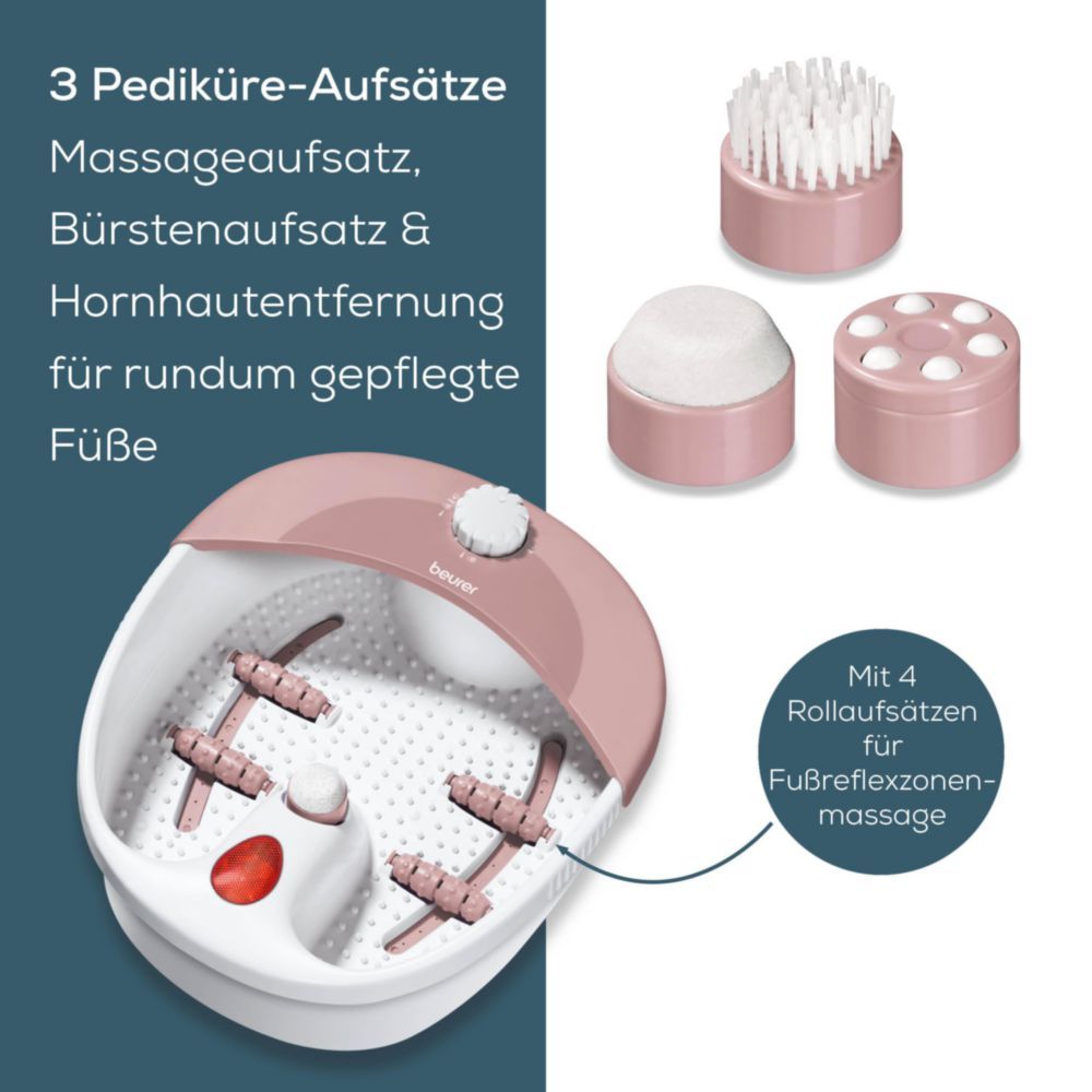 Idromassaggio con 3 accessori. Dispositivo rosa-bianco. Accessori: massaggio, spazzola, rimozione calli. Testo.