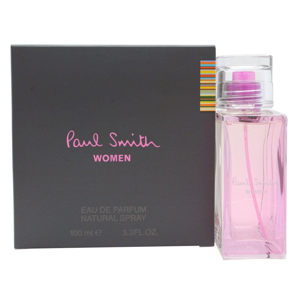 Paul Smith Women Eau de Parfum Natural Spray, 100 ml. Profumo rosa in flacone rettangolare di vetro con spruzzatore e tappo trasparente. Scatola grigia con scritte rosa.