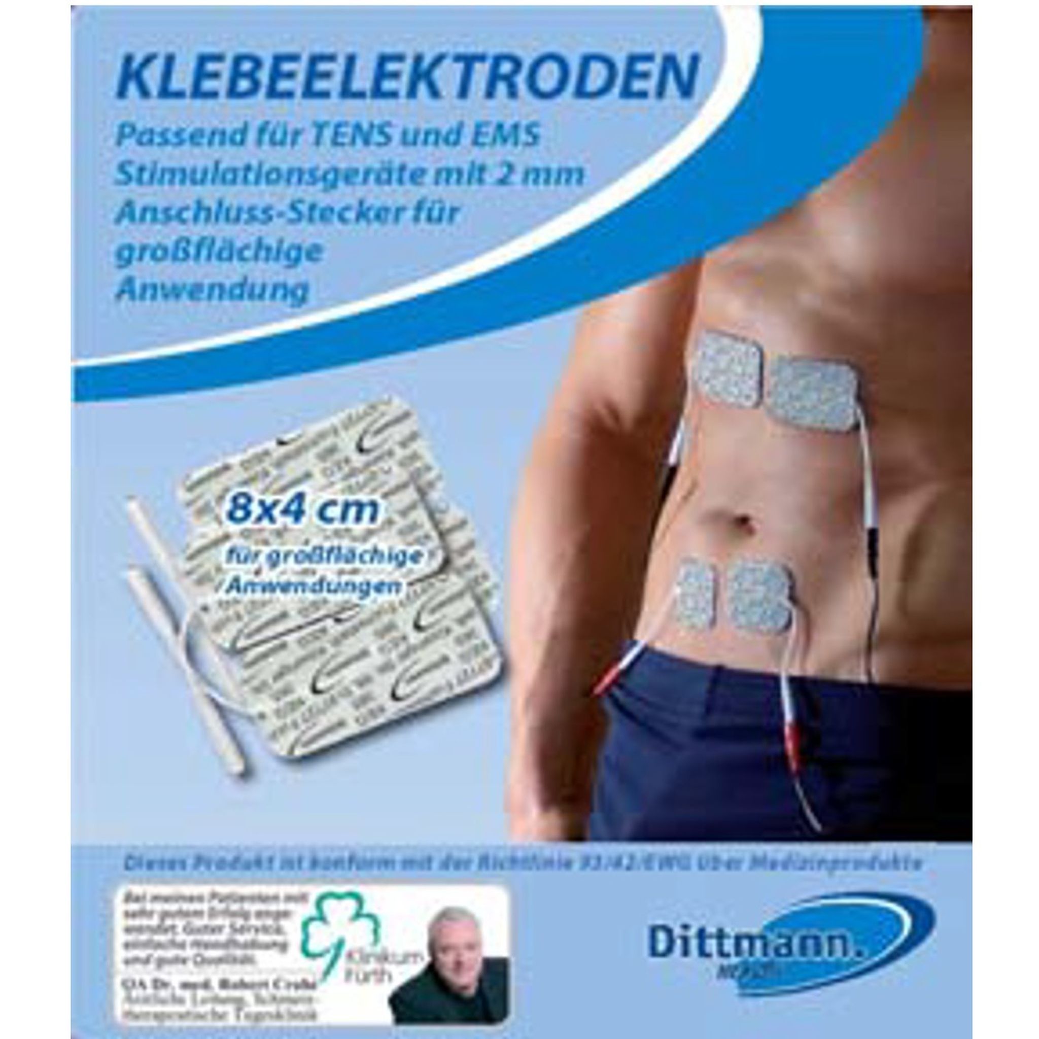 Confezione di elettrodi adesivi. Testo: Klebeelektroden, 8x4 cm. Uomo con elettrodi sull'addome. Logo Dittmann.