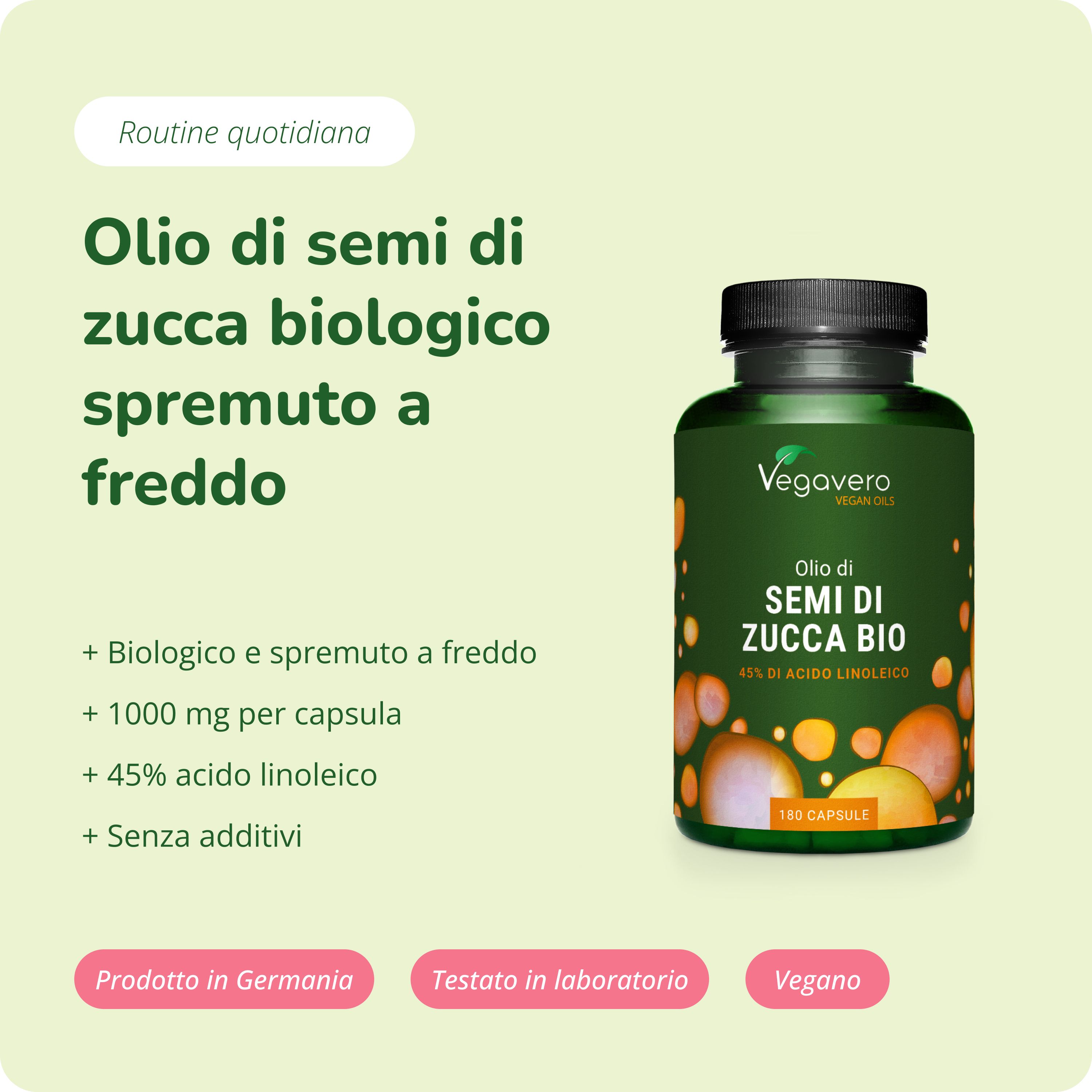 Capsule di olio di semi di zucca Vegavita, 1000mg, spremute a freddo, biologiche, senza additivi.