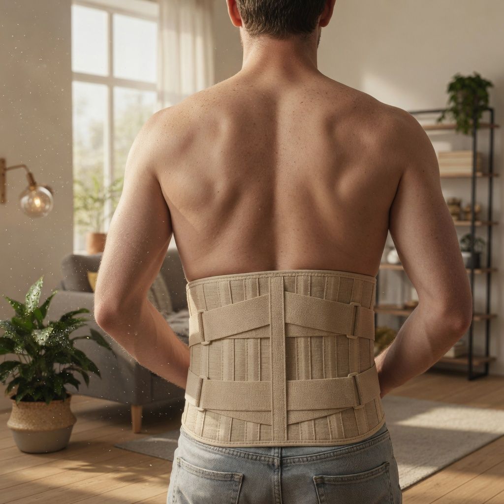 Uomo che indossa un corsetto lombare beige per il supporto della parte bassa della schiena.