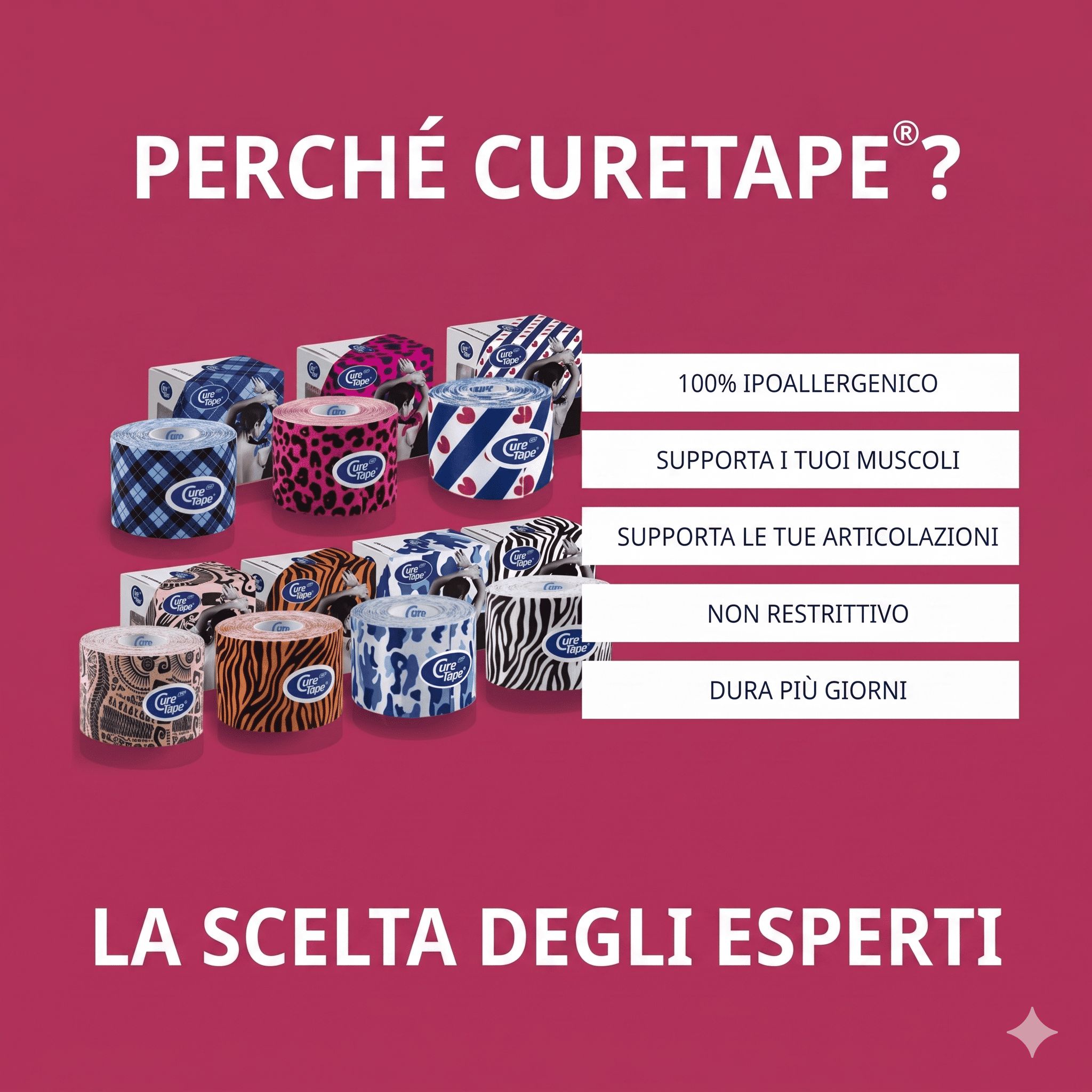 Rotolo di Kinesio Tape CureTape con stampa leopardata rosa. Ipoallergenico, resistente all'acqua, adesione 4-7 giorni.