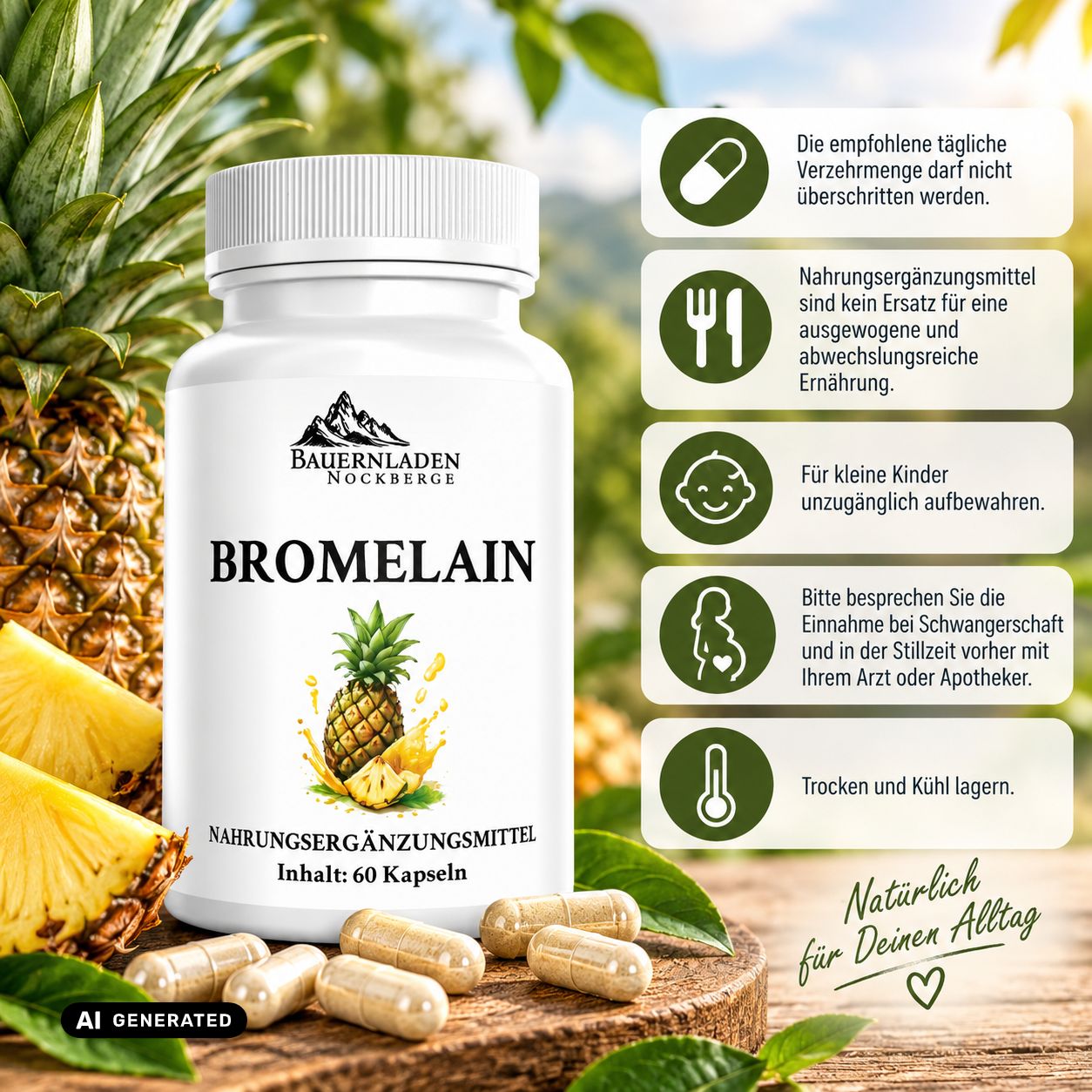 Capsula bianca con scritta Bromelina e simbolo ananas. Contiene 60 capsule.
