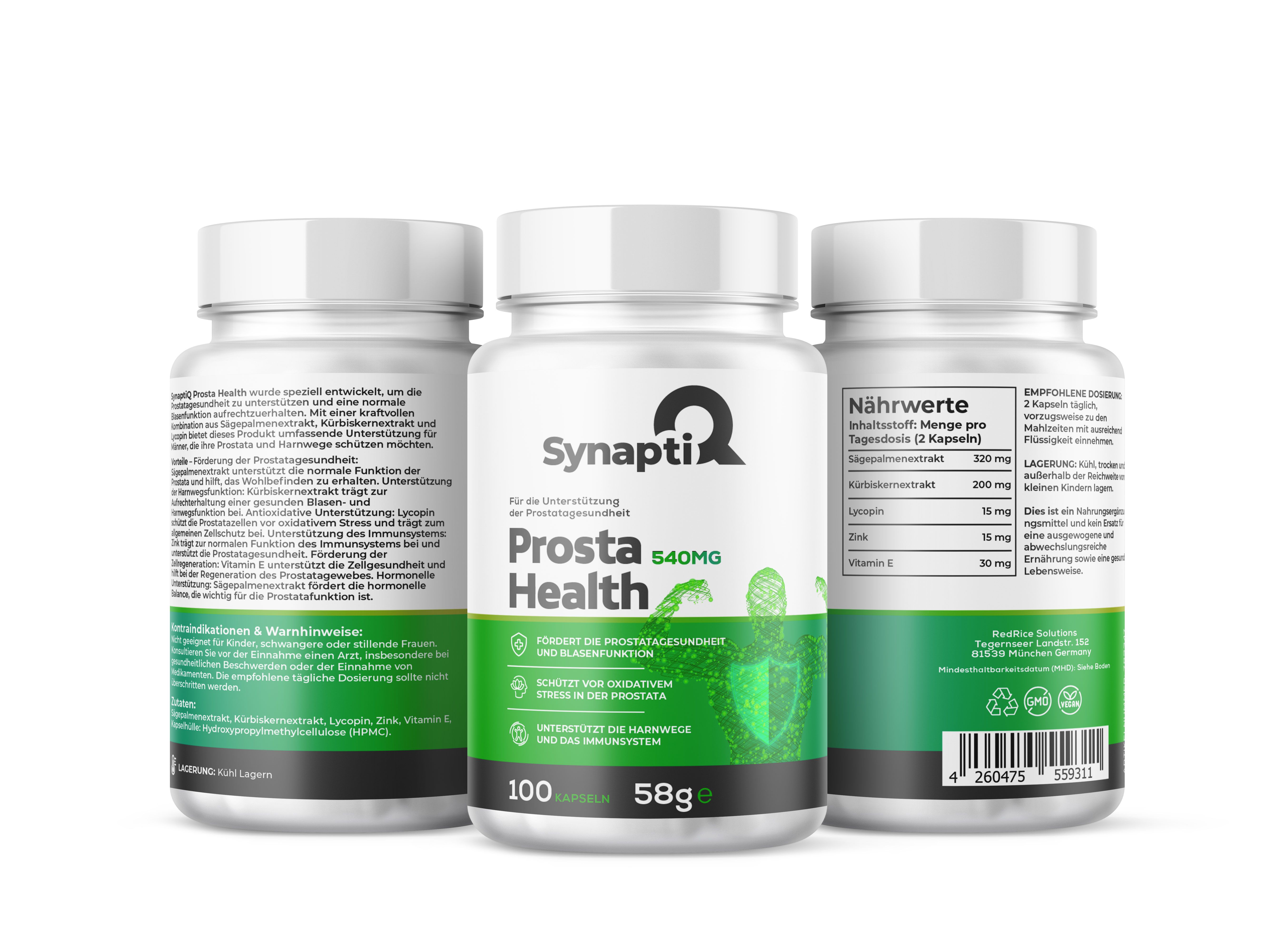 Tre bottiglie bianche con etichetta verde. Scritta: SynaptiQ, Prosta Health, 540mg. Contiene 100 capsule, 58g.