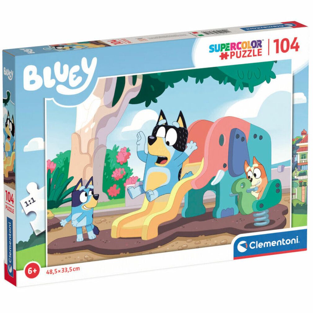 Puzzle Clementoni, 104 pezzi, motivo Bluey. Confezione mostra il puzzle completo. Età 6+. Dimensioni: 48,5x33,5 cm.